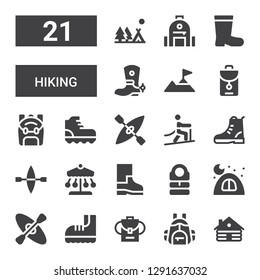 hiking icon set. Collection of 21 filled hiking icons included Cabin, Backpack, Boots, Kayak, Camping, Sleeping bag, Ride, Boot, Climbing, Backpacks