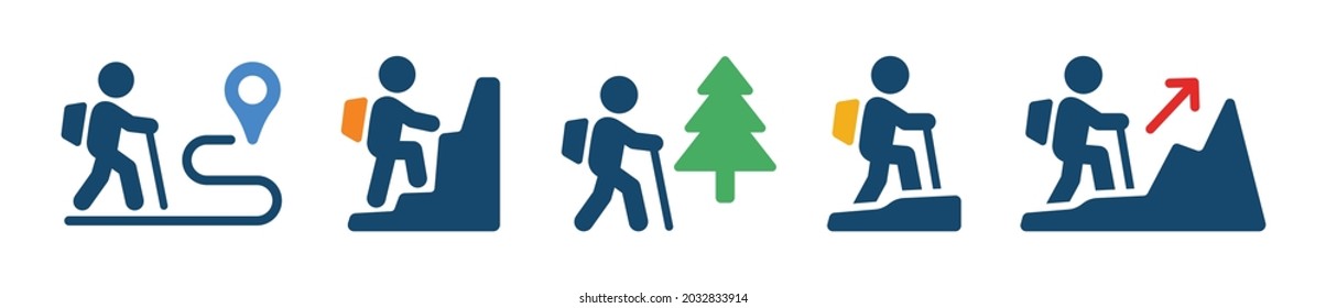 Hiking icon set. Hike symbol. Adventure collection