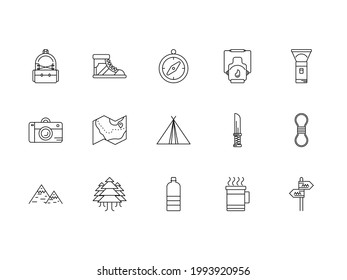 Hiking Icon Set, illustrations of items that we often encounter when hiking using outline style. Perfect for Websites, Applications, etc.