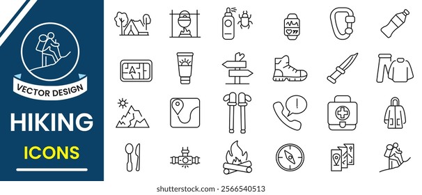 Hiking icon set. Trekking, outdoor, camping,  and adventure line icon, vector set. Camp, tent, forest, campfire, hiking icons. Tourism, hiking, bonfire, tent and caravan icon. Vector illustration.