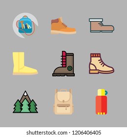 hiking icon set. vector set about boots, boot, thermos and forest icons set.