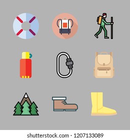 hiking icon set. vector set about backpack, boot, hiker and carabiner icons set.