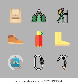 hiking icon set. vector set about thermos, climbing, backpack and boot icons set.
