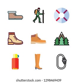 hiking icon set. vector set about help, hiker, thermos and boot icons set.