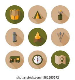 Hiking. Icon set for web and mobile application. Vector illustration on a white background. Flat design style.