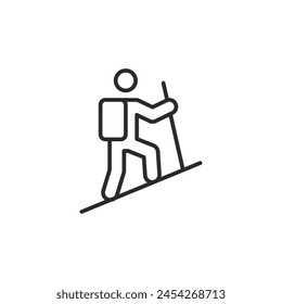 Hiking icon. Simple illustration of a hiker with a backpack using a walking stick on a slope, representing adventure and outdoor activities. A great symbol for apps. Vector illustration 