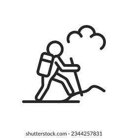 Hiking Icon. Vector Outline Editable Sign of Backpacker Climbing Mountain with Trekking Poles. Linear Minimal Illustration.