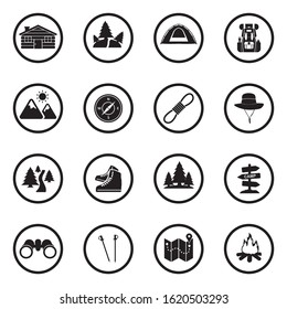 Hiking Icons. Black Flat Design In Circle. Vector Illustration.