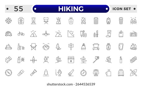 Hiking icons of outdoor survival: tent icon, backpack badge, hiking boots tag, survival map file, campfire board, mountain chart, adventure bubble, wilderness symbol.
