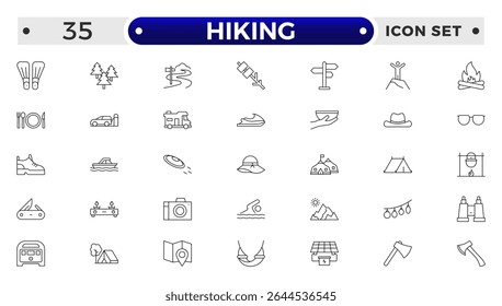 Hiking icons of outdoor survival: tent icon, backpack badge, hiking boots tag, survival map file, campfire board, mountain chart, adventure bubble, wilderness symbol.
