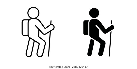 Hiking icons pack vectors in black flat and strokes