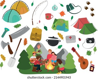 Hiking Icons Set. Binoculars, Bowl, Camping Lantern, Tent, Campfire. Equipment And Accessories For The Base Camp. Outdoor Camping Elements.
Flat Vector Illustration Of Travel Equipment. Set Of Element