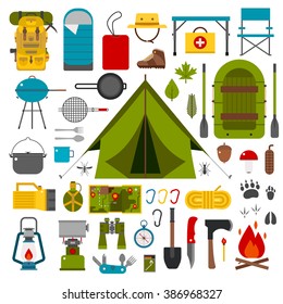 Hiking icons set. Camping equipment vector collection. Binoculars, bowl, barbecue, boat, lantern, shoes, hat, tent, campfire. Base camp gear and accessories. Camping icon set. Hike outdoor elements. 