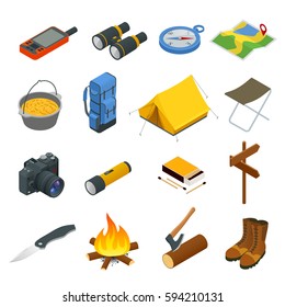 Hiking icons set. Camping equipment vector collection. Binoculars, bowl, barbecue, boat, lantern, shoes, hat, tent, campfire. Base camp gear and accessories. Camping icon set. Hike outdoor elements. - Shutterstock ID 594210131