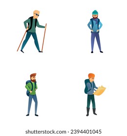 Hiking icons set cartoon vector. Group of tourist with backpack and map. Trekking, active leisure