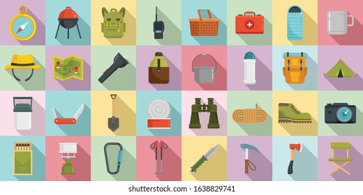 Hiking icons set. Flat set of hiking vector icons for web design