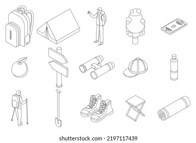 Hiking icons set. Isometric set of hiking vector icons outline thin lne isolated on white