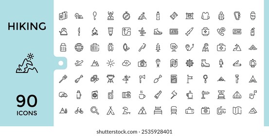 Hiking icons set in line style. Icons set with climber, outdoors, adventure, hiking, tourism, climbing and more. Isolated icons design. Vector outline icons set.