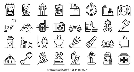 Hiking icons set. Outline set of hiking vector icons for web design isolated on white background