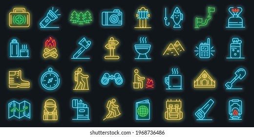 Hiking icons set. Outline set of hiking vector icons neoncolor on black