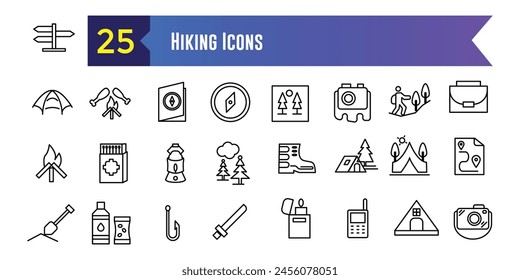 Hiking icons set. Outline set of hiking vector icons for ui design. Outline icon collection. Editable stroke.