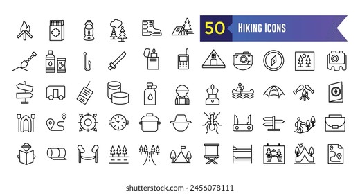 Hiking icons set. Outline set of hiking vector icons for ui design. Outline icon collection. Editable stroke.