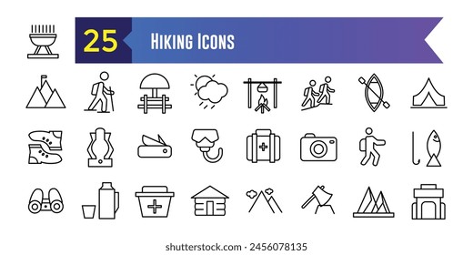 Hiking icons set. Outline set of hiking vector icons for ui design. Outline icon collection. Editable stroke.