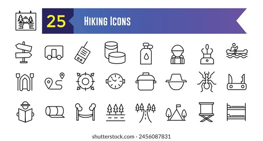 Hiking icons set. Outline set of hiking vector icons for ui design. Outline icon collection. Editable stroke.