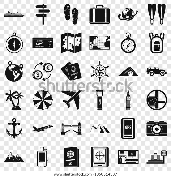 Hiking icons set. Simple style of 36 hiking vector\
icons for web for any\
design