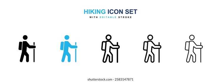 Hiking icons vector collection in black and blue colors on white background