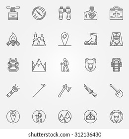 Hiking icons - vector set of camping symbols or logo elements in thin line style. Recreation signs