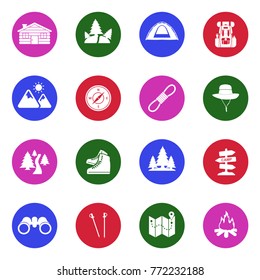 Hiking Icons. White Flat Design In Circle. Vector Illustration. 