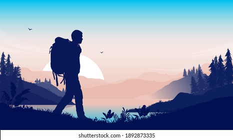 Hiking illustration - Man with backpack walking in beautiful nature alone, with copy space for text. Vector illustration.