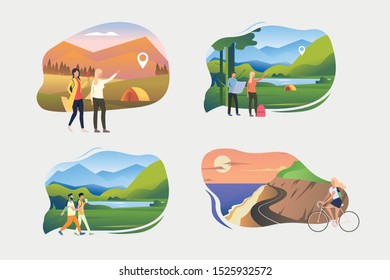 Hiking illustration set. People riding bike along seaside, walking outdoors, camping. Activity concept. Vector illustration for posters, banners, flyers