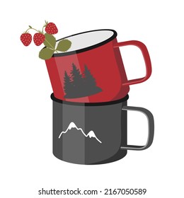 Hiking iron mugs with a sprig of strawberries. Vector clipart.