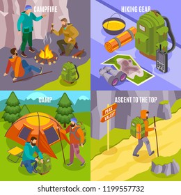 Hiking isometric 2x2 design concept with compositions of hiking gear images and people walking setting camps vector illustration