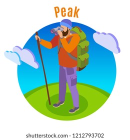 Hiking isometric background with human character of tourist in open plain with cloud images and text vector illustration