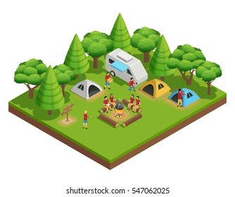 Hiking isometric composition with group of people who camped in the woods and sit around the campfire next to tents vector illustration