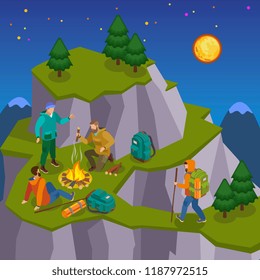 Hiking isometric composition with night wild landscape images of mountain with walking and camping tourist characters vector illustration