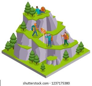 Hiking isometric composition with wild mountain panoramic image with walking paths and human characters of campers vector illustration