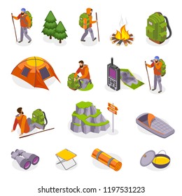 Hiking isometric icons collection with isolated images of camping gear items and human characters of tourists vector illustration