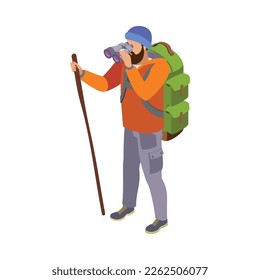 Komposition von Wanderisometrischen Symbolen mit isolierter Ansicht von Abenteuerelementen auf unscharfem Hintergrund, Vektorgrafik