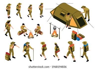 Hiking Isometric Set Of Camping Objects And People In Scout Uniform With Trekking Gear Isolated Vector Illustration