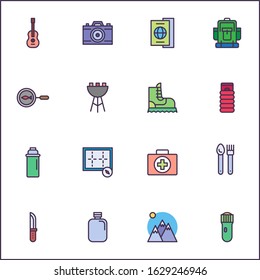 Hiking items filled outline icons set, Camping line vector symbol collection, Tourist equipment linear colorful pictogram pack. Signs, logo illustration, Set includes icons camera, passport, backpack