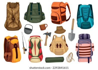 Hiking items flat set of backpack travel mat touristic pot rope axe shovel isolated vector illustration
