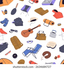 Hiking items on endless background. Repeatable pattern of trekking tools for camping, travel to nature: backpack, sleeping bag, tent, clothing, chairs, guitar. Flat seamless vector illustration