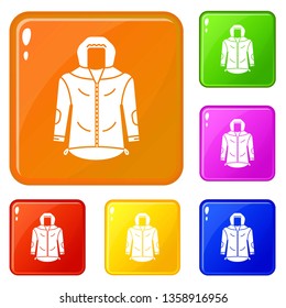 Hiking jacket icons set collection vector 6 color isolated on white background