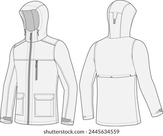 Wanderjacke technische Mode Illustration Vorder- und Rückansicht. Lange Ärmel schwere Oberbekleidung Design mit Kapuze.