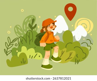 Hiking Kid in Summer Landscape. Cartoon child in orange cap hiking through green landscape with mountains and sun. Flat colorful style with soft shapes and pastel tones.