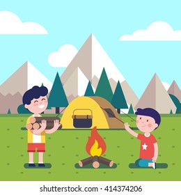 Hiking kids at the campfire near their camping tent at the mountain foots. Boy brings some firewood at the bonfire. Modern flat style vector illustration. Cartoon character clipart.